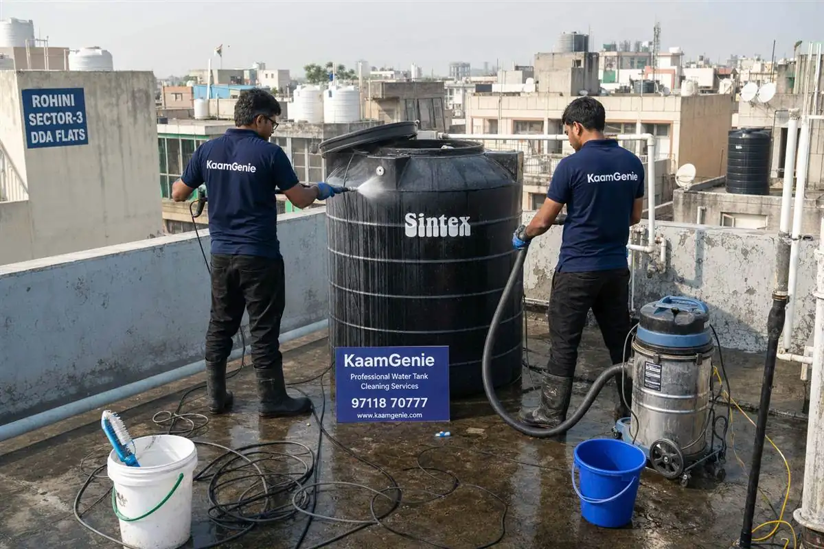 KaamGenie crew cleaning a water tank in Rohini Sector 3, Delhi