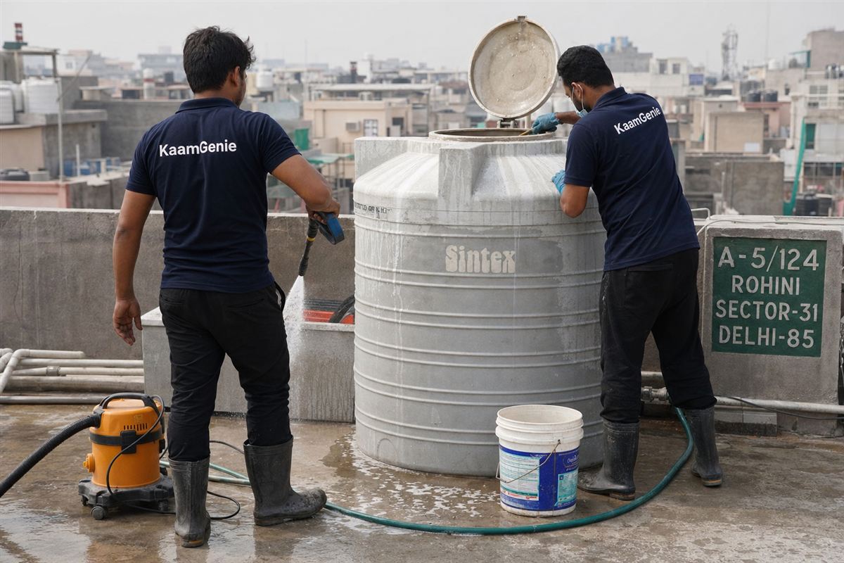 KaamGenie crew cleaning a water tank in Rohini Sector 31, Delhi