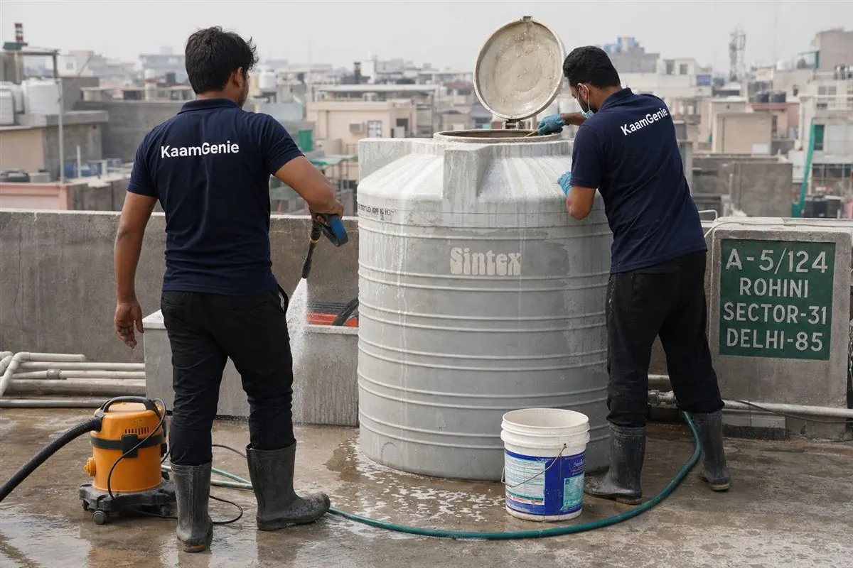 KaamGenie crew cleaning a water tank in Rohini Sector 31, Delhi