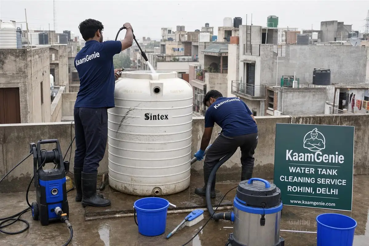 KaamGenie crew cleaning a water tank in Rohini Sector 33, Delhi