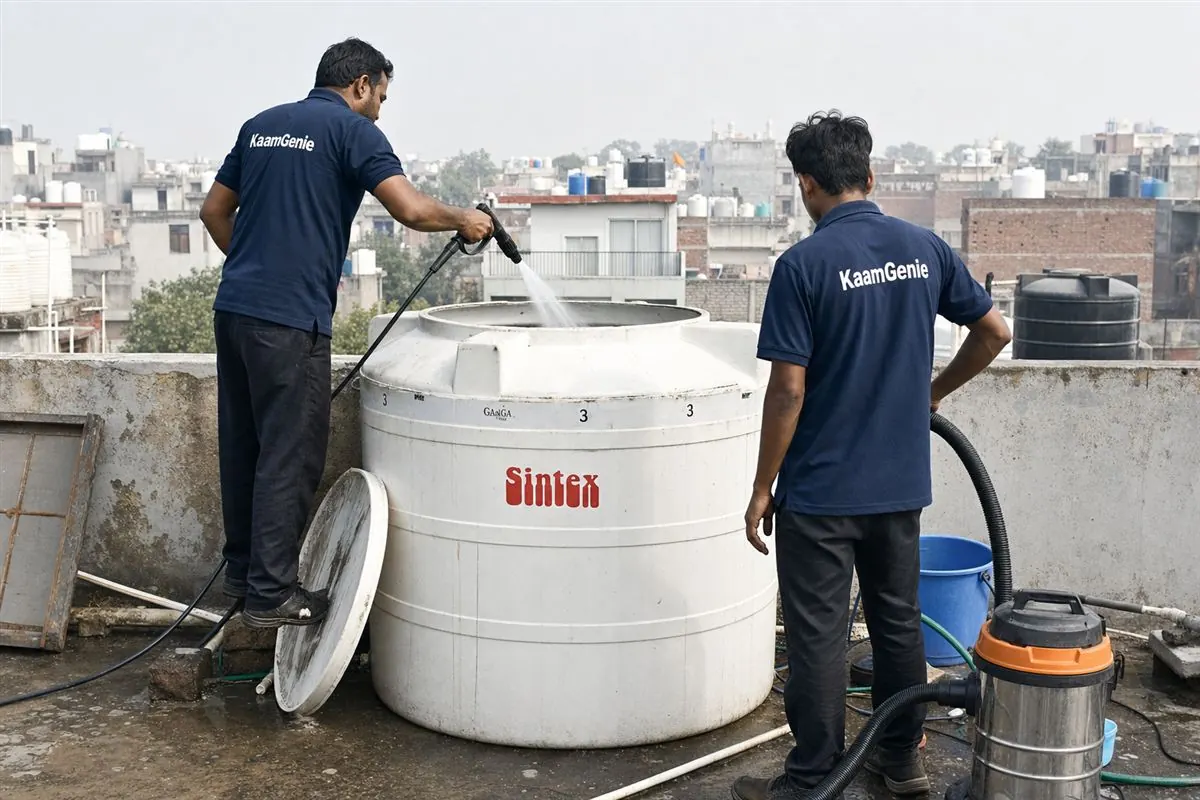 KaamGenie crew cleaning a water tank in Rohini Sector 35, Delhi