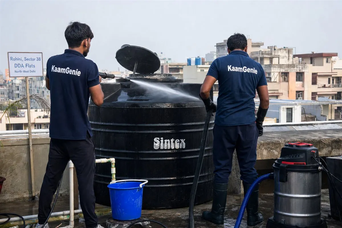 KaamGenie crew cleaning a water tank in Rohini Sector 38, Delhi