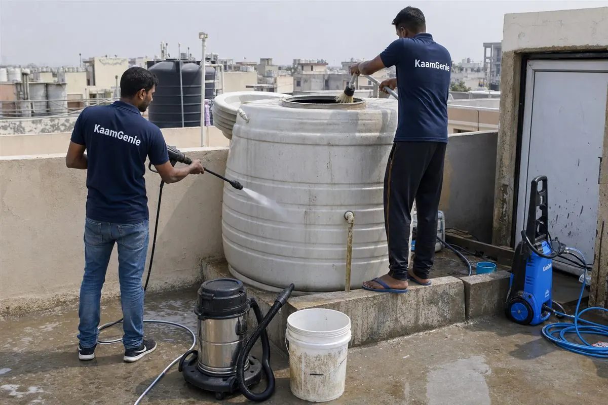 KaamGenie crew cleaning a water tank in Rohini Sector 4, Delhi