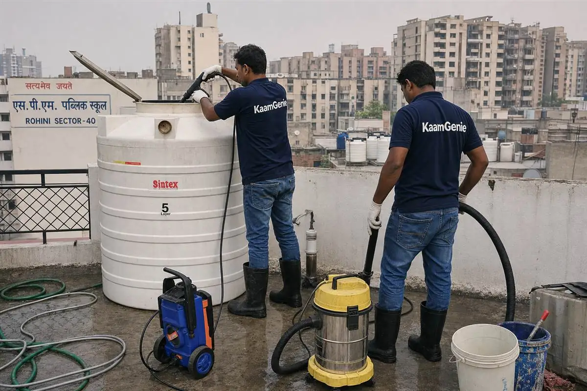 KaamGenie crew cleaning a water tank in Rohini Sector 40, Delhi