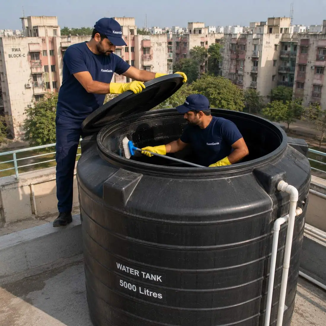 KaamGenie crew cleaning a water tank in Rohini Sector 7, West Delhi
