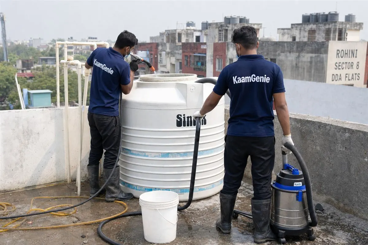 KaamGenie crew cleaning a water tank in Rohini Sector 8, Delhi