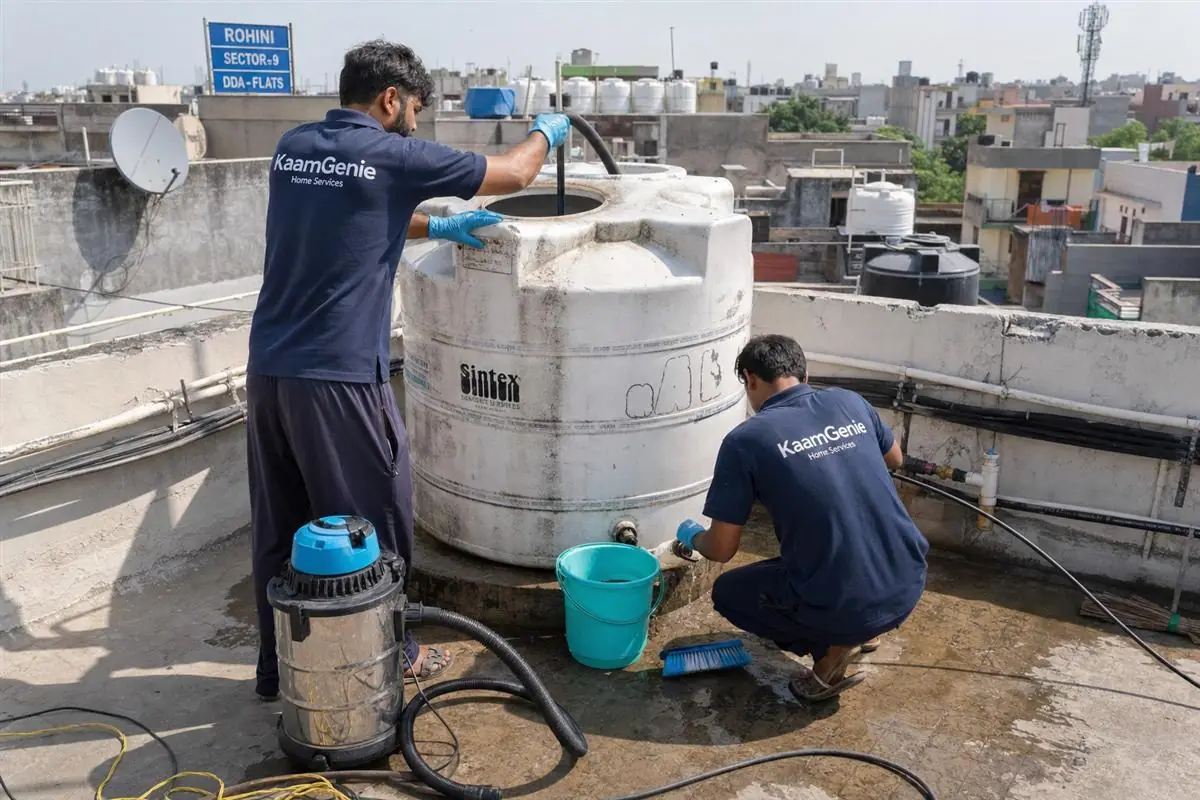 KaamGenie crew cleaning a water tank in Rohini Sector 9, Delhi