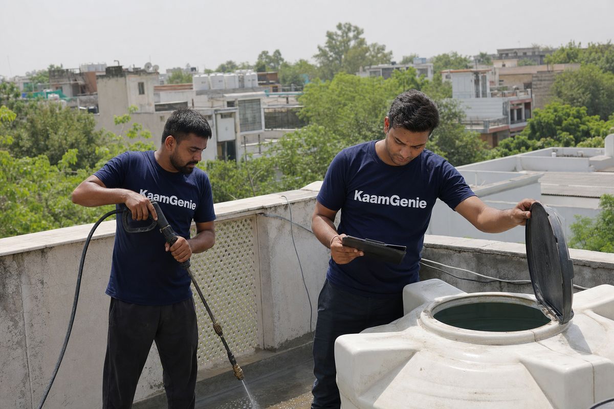 KaamGenie crew cleaning a water tank in Roop Nagar, North Delhi