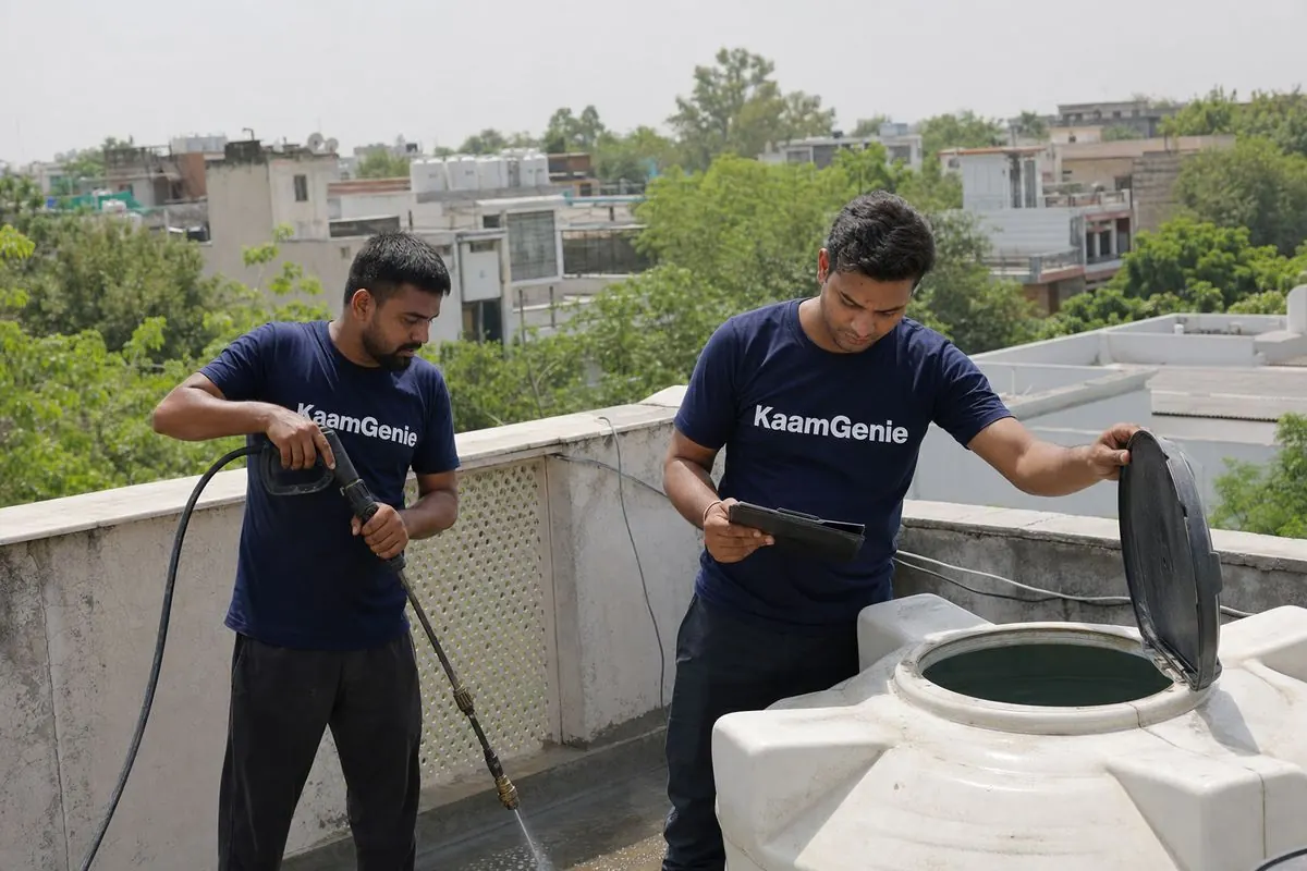 KaamGenie crew cleaning a water tank in Roop Nagar, North Delhi