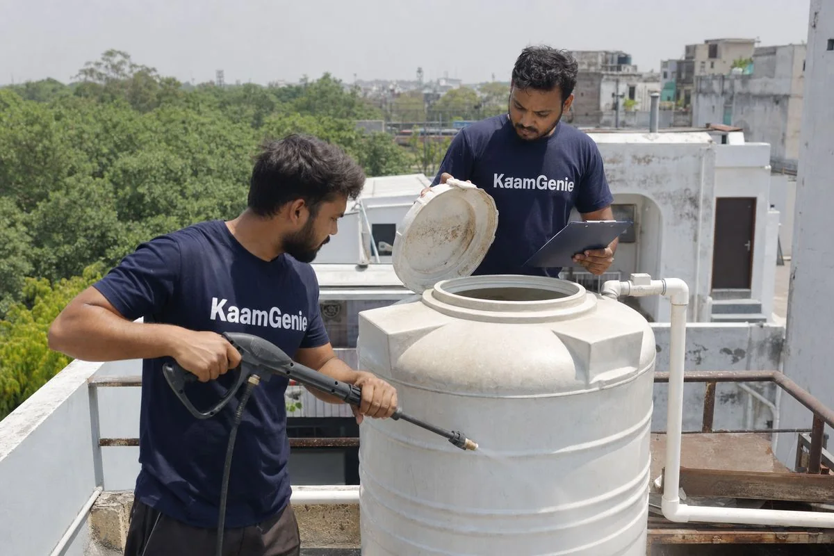 KaamGenie crew cleaning a water tank in Roshan Ara Road, North Delhi