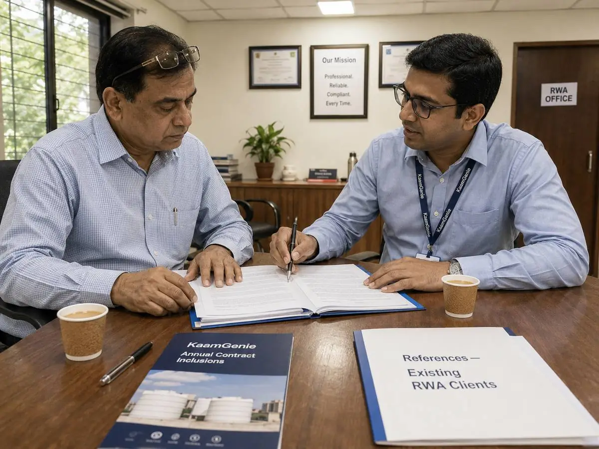 A wooden conference table with a printed multi-page water tank cleaning service contract being reviewed by an RWA secretary and a KaamGenie account manager, with pens, two cups of chai, and a folder visible