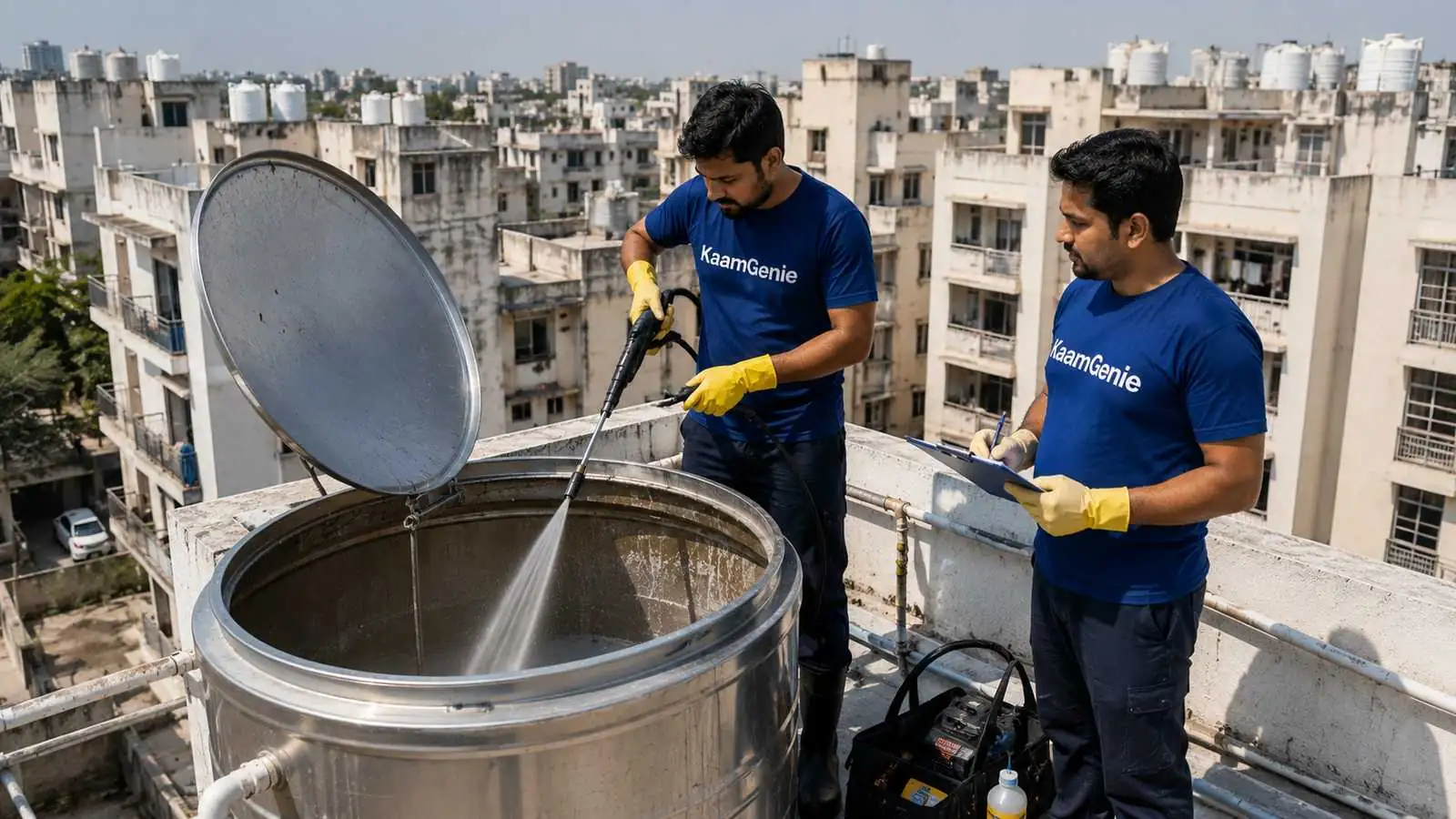 A KaamGenie crew servicing the large overhead water tank of a Delhi society building during a scheduled annual contract visit, multiple flats visible in the building below