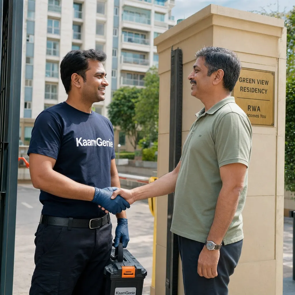 KaamGenie technician shaking hands with a Delhi RWA president at the society gate