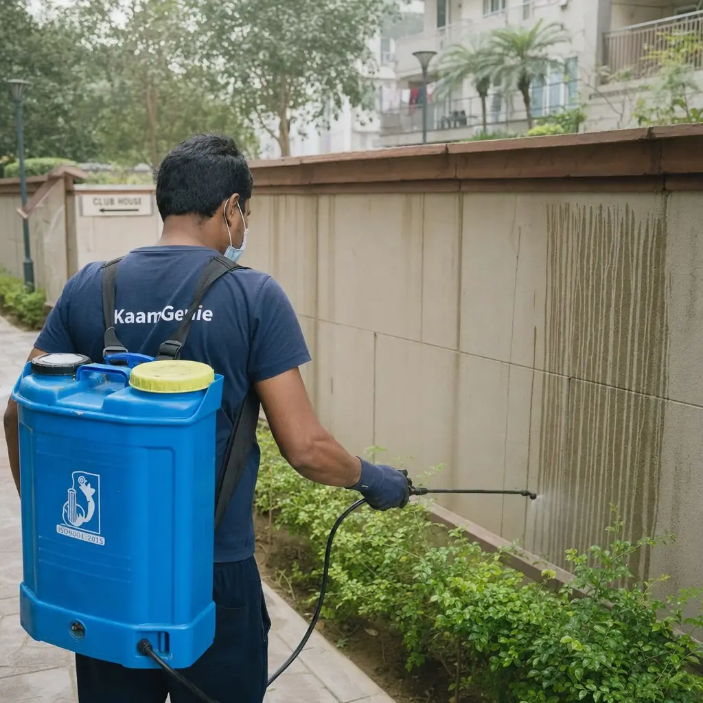 KaamGenie technician treating the basement parking area of a Delhi society during a quarterly AMC visit