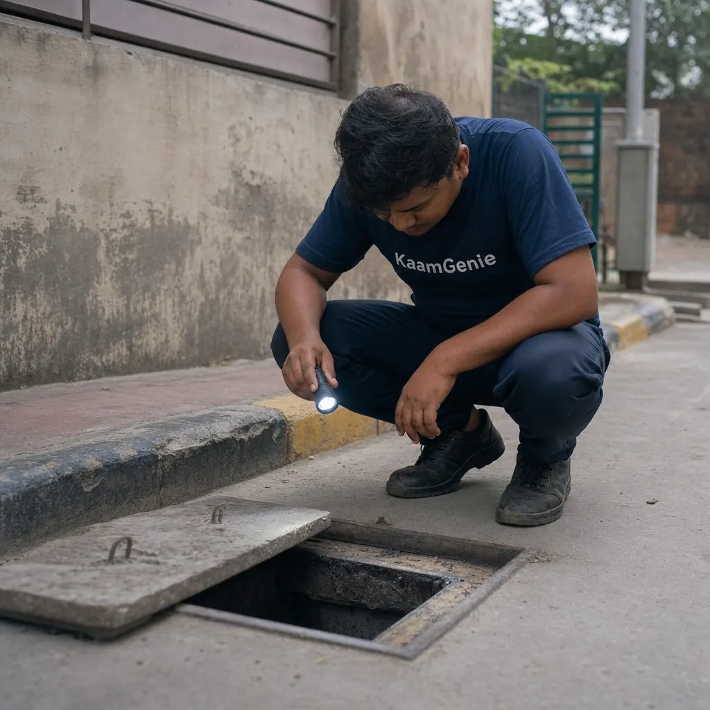 KaamGenie technician inspecting a Delhi society drainage manhole during the AMC visit