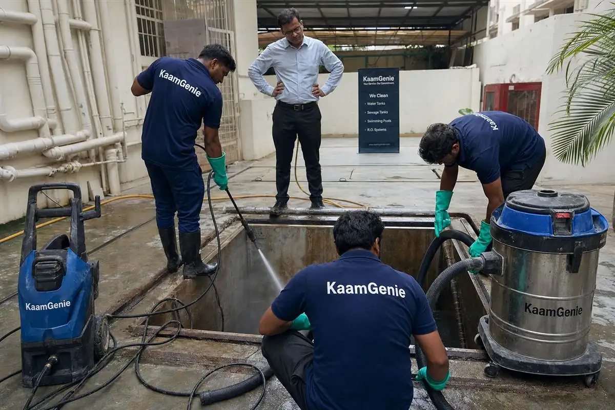 KaamGenie crew cleaning a large underground water sump at a Delhi residential society with an RWA member supervising