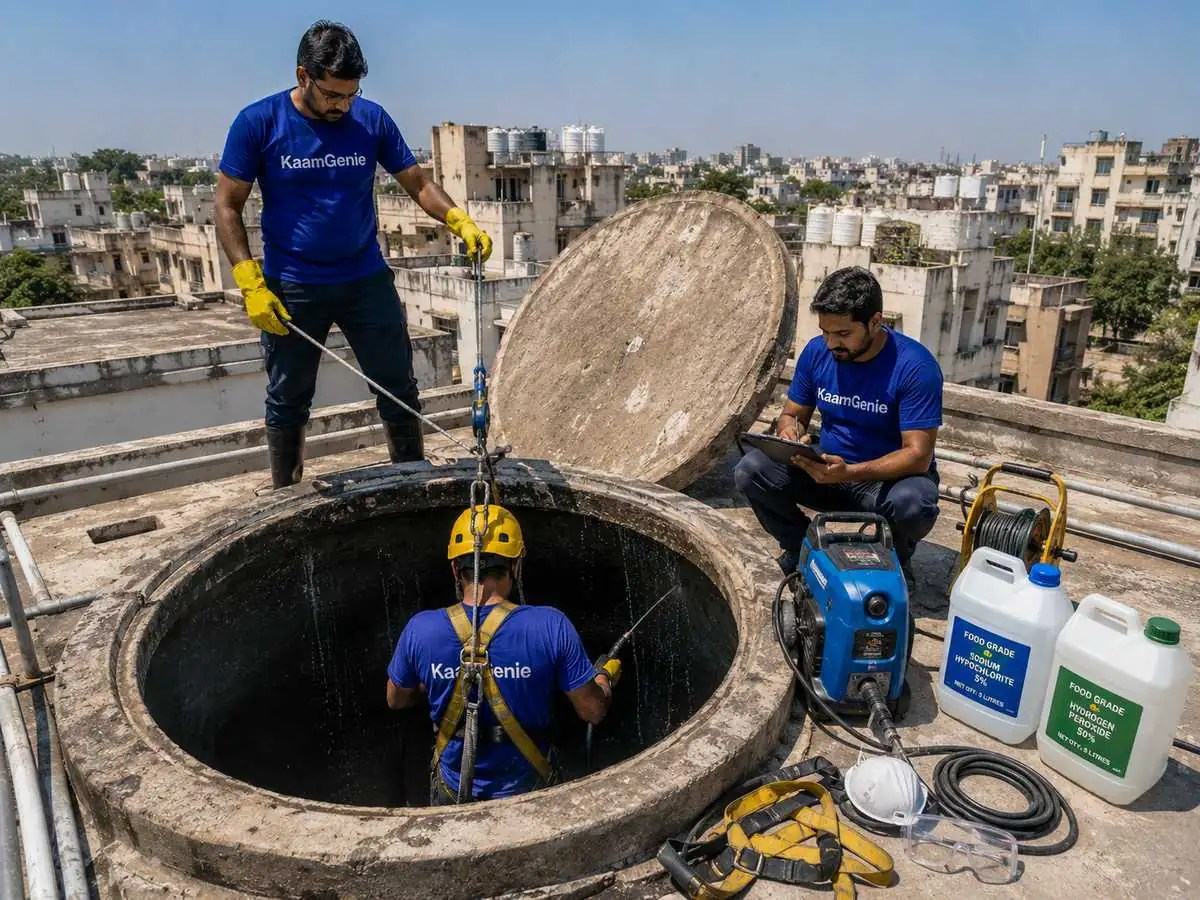 A large society overhead water tank being cleaned on the rooftop of a multi-storey Delhi apartment building with two KaamGenie crew members operating equipment and a third logging the work on a tablet