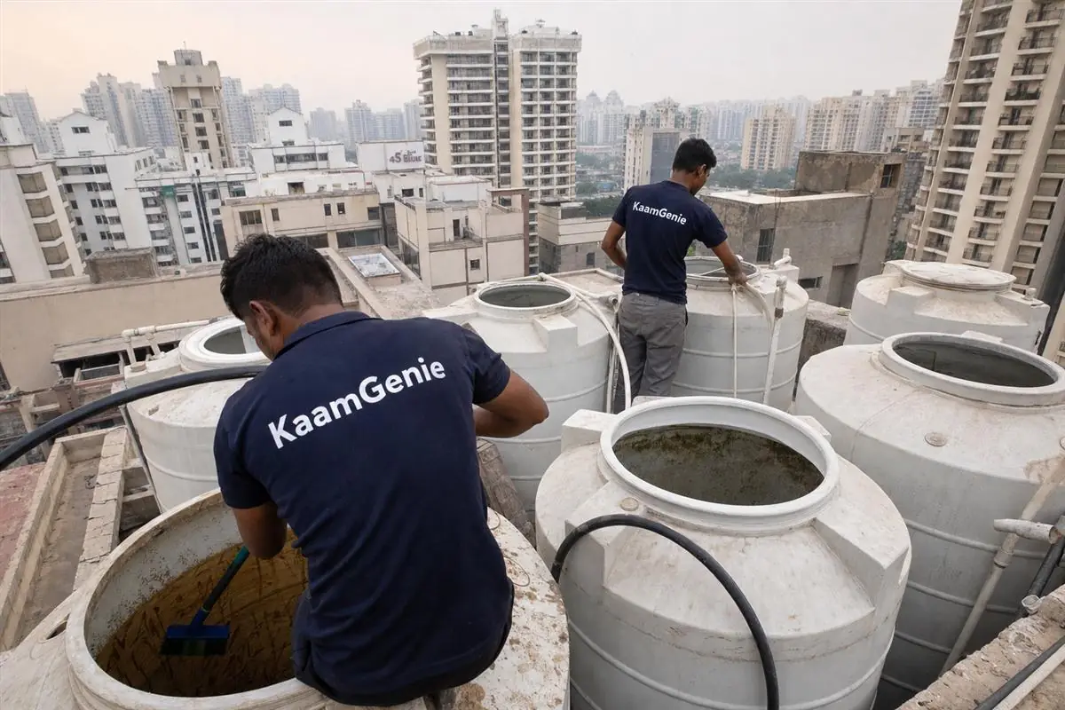 KaamGenie crew in navy shirts cleaning multiple tower tanks at a large Gurgaon RWA society with several residential towers behind