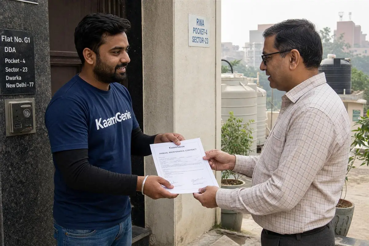A KaamGenie worker in a navy shirt handing a signed annual water tank cleaning contract to an RWA managing committee member at a Gurgaon society