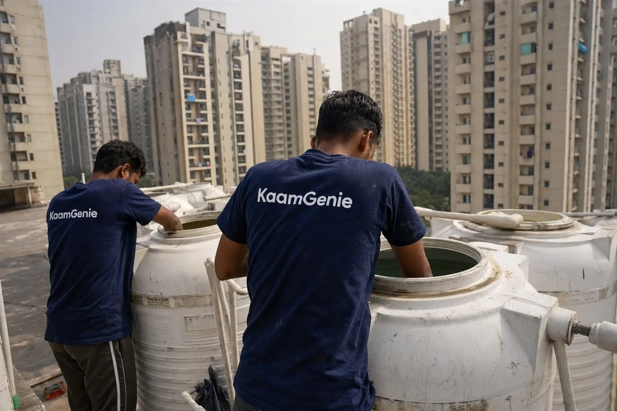 KaamGenie crew cleaning multiple tower tanks at a large Noida high-rise society with several residential towers behind