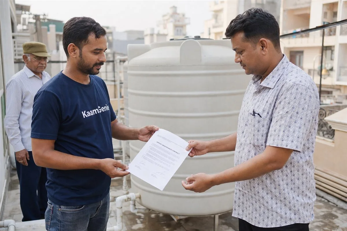 KaamGenie crew member handing a signed annual water tank cleaning contract to an RWA managing committee member at a Noida society