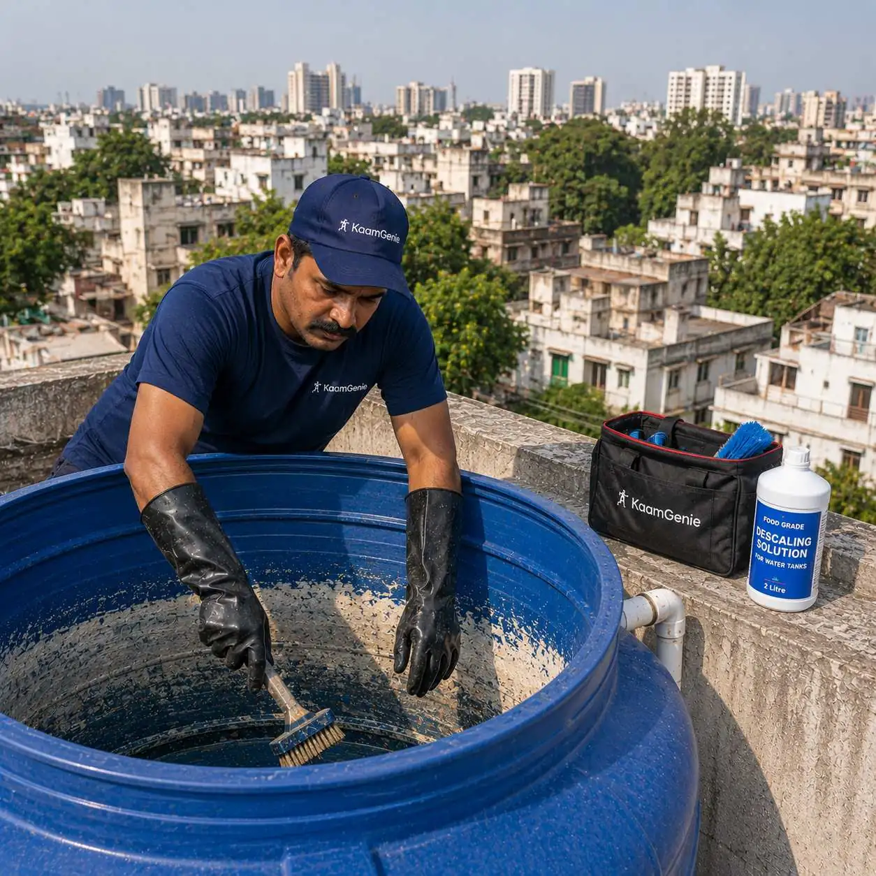 KaamGenie crew cleaning an overhead water tank on a Sadiq Nagar rooftop in South Delhi
