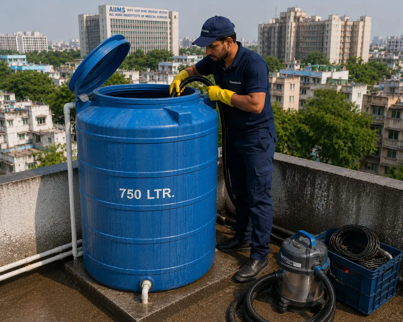 KaamGenie crew cleaning a water tank in Safdarjung Enclave, South Delhi