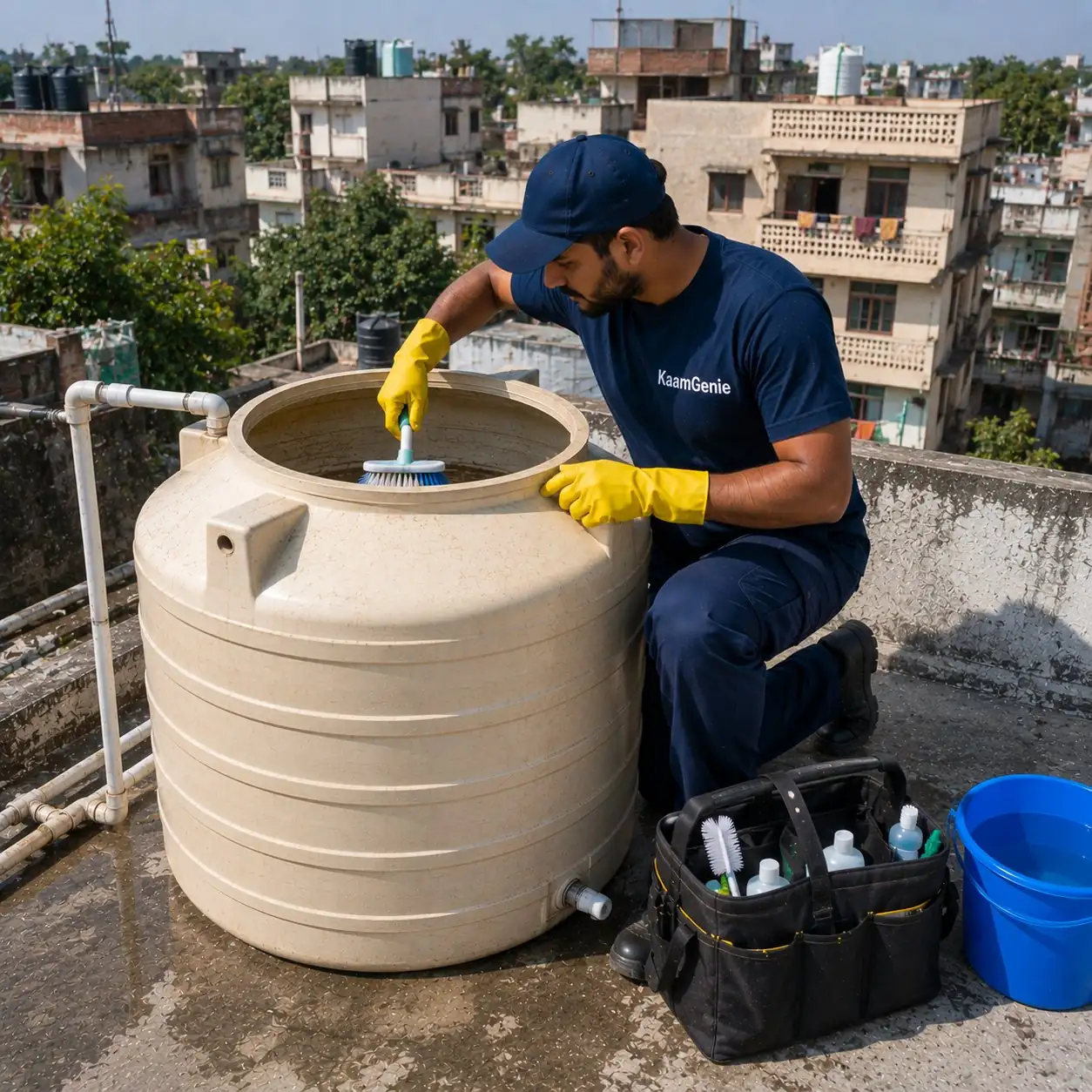 KaamGenie crew cleaning a water tank in Sagarpur, South Delhi