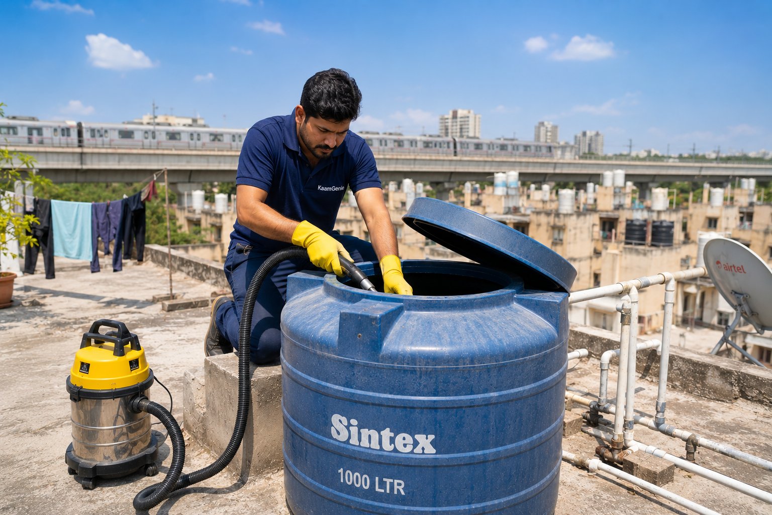 KaamGenie crew cleaning a blue plastic overhead water tank on a Saket DDA J Block rooftop in South Delhi