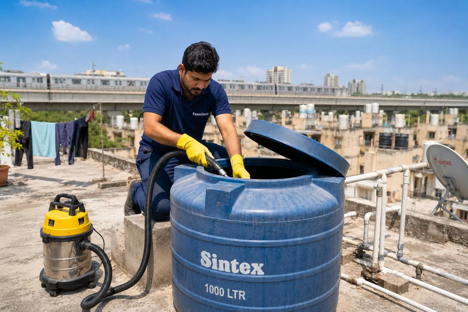 KaamGenie crew cleaning a blue plastic overhead water tank on a Saket DDA J Block rooftop in South Delhi