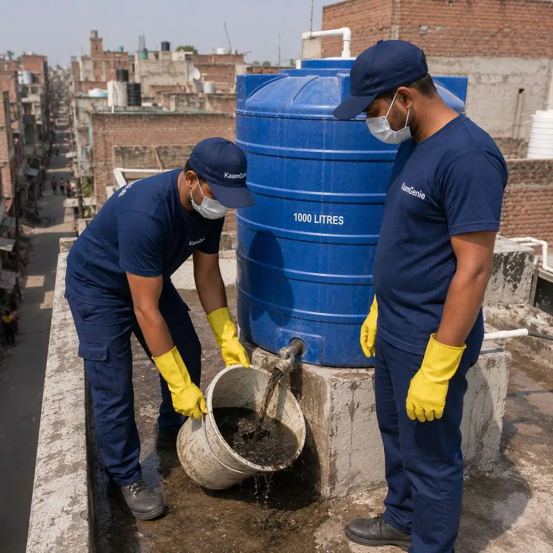 KaamGenie crew cleaning a water tank in Samaipur, West Delhi