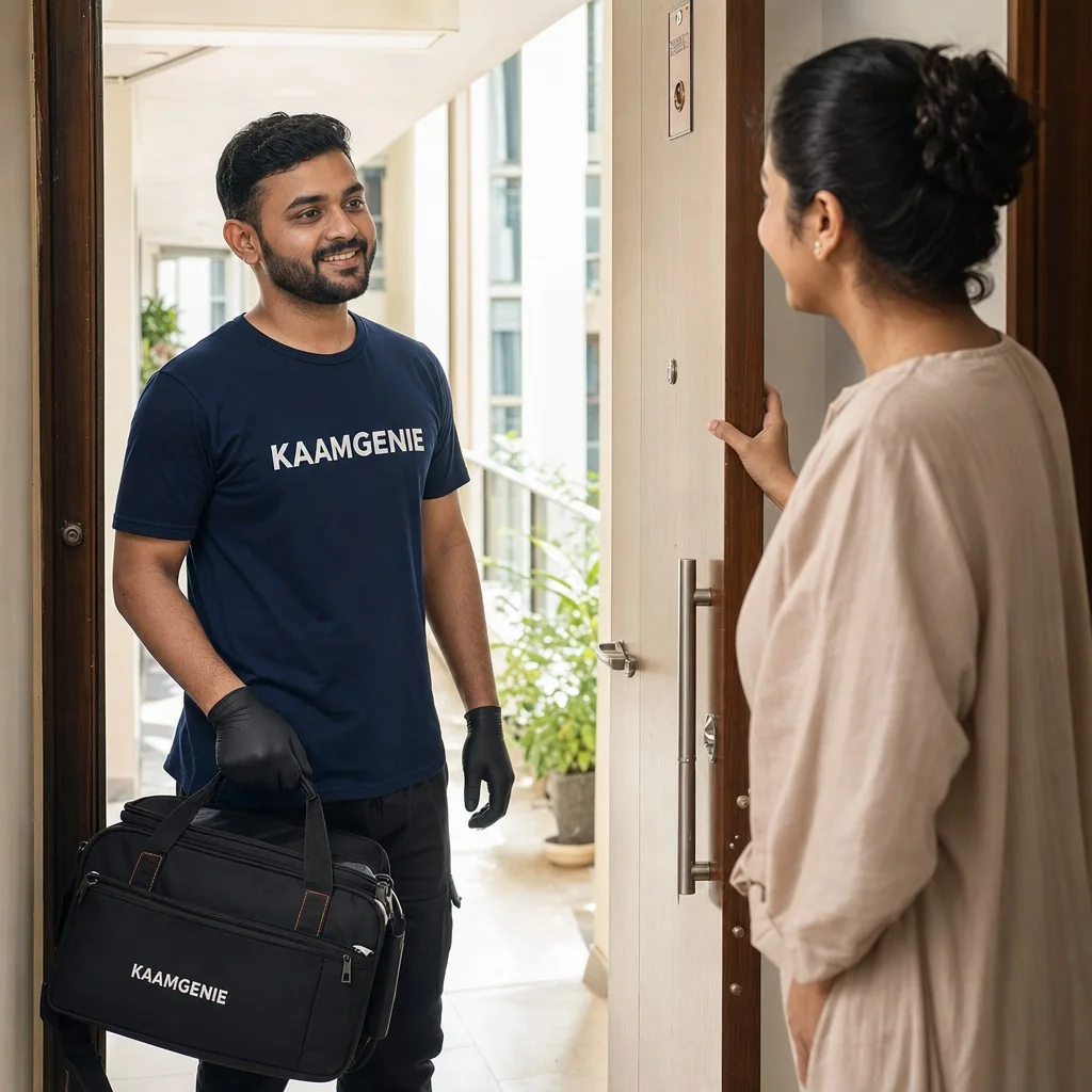 KaamGenie pest control technician arriving at a Delhi apartment door with a service kit