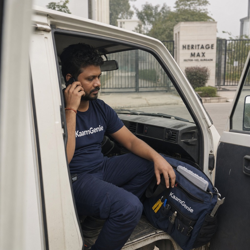 KaamGenie pest control crew unloading service kit outside a Delhi apartment same afternoon