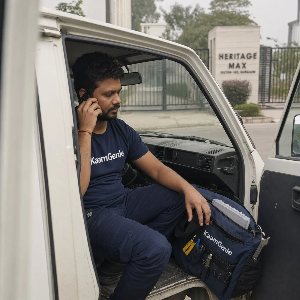 KaamGenie pest control crew unloading service kit outside a Delhi apartment same afternoon