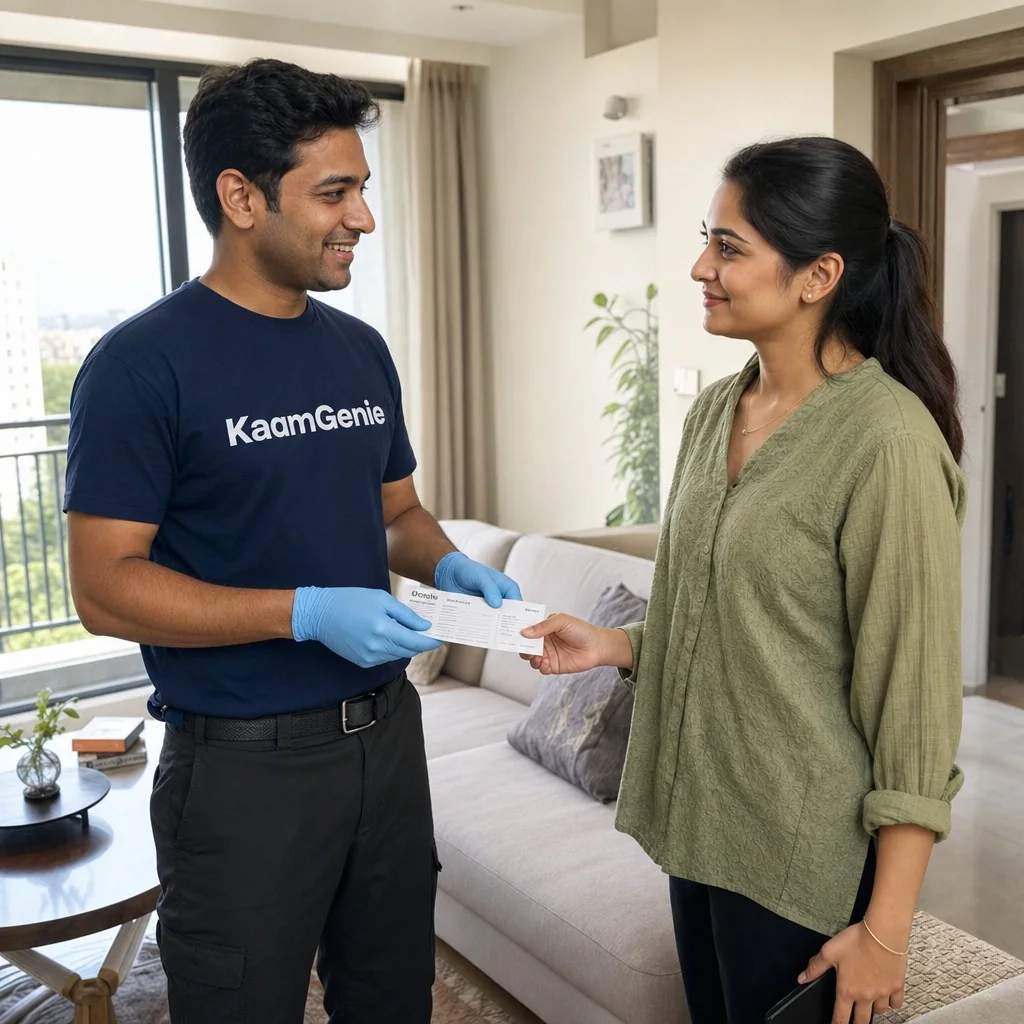 KaamGenie technician applying residual mosquito spray on a Delhi apartment balcony grill