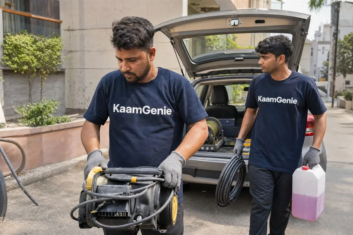 KaamGenie crew arriving the same afternoon to clean a Delhi rooftop water tank after an urgent morning booking