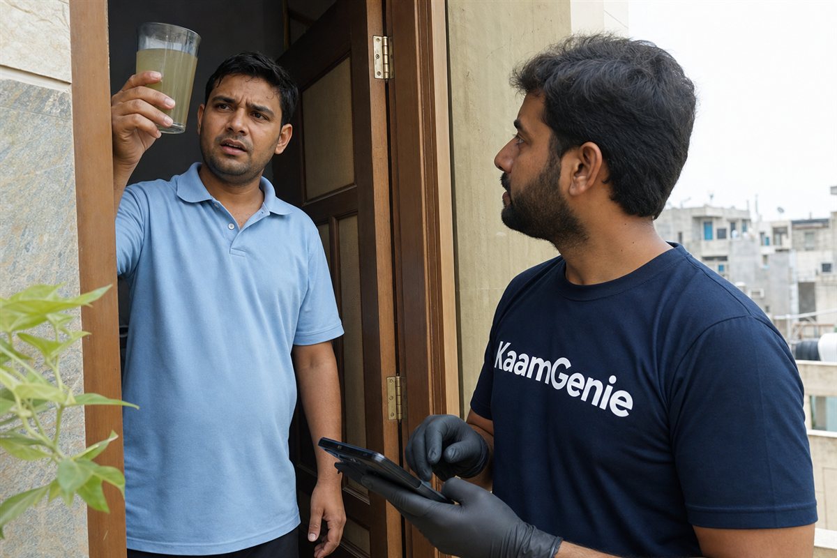 KaamGenie crew unloading the cleaning kit outside a Delhi apartment in the early afternoon for a same-day water tank cleaning