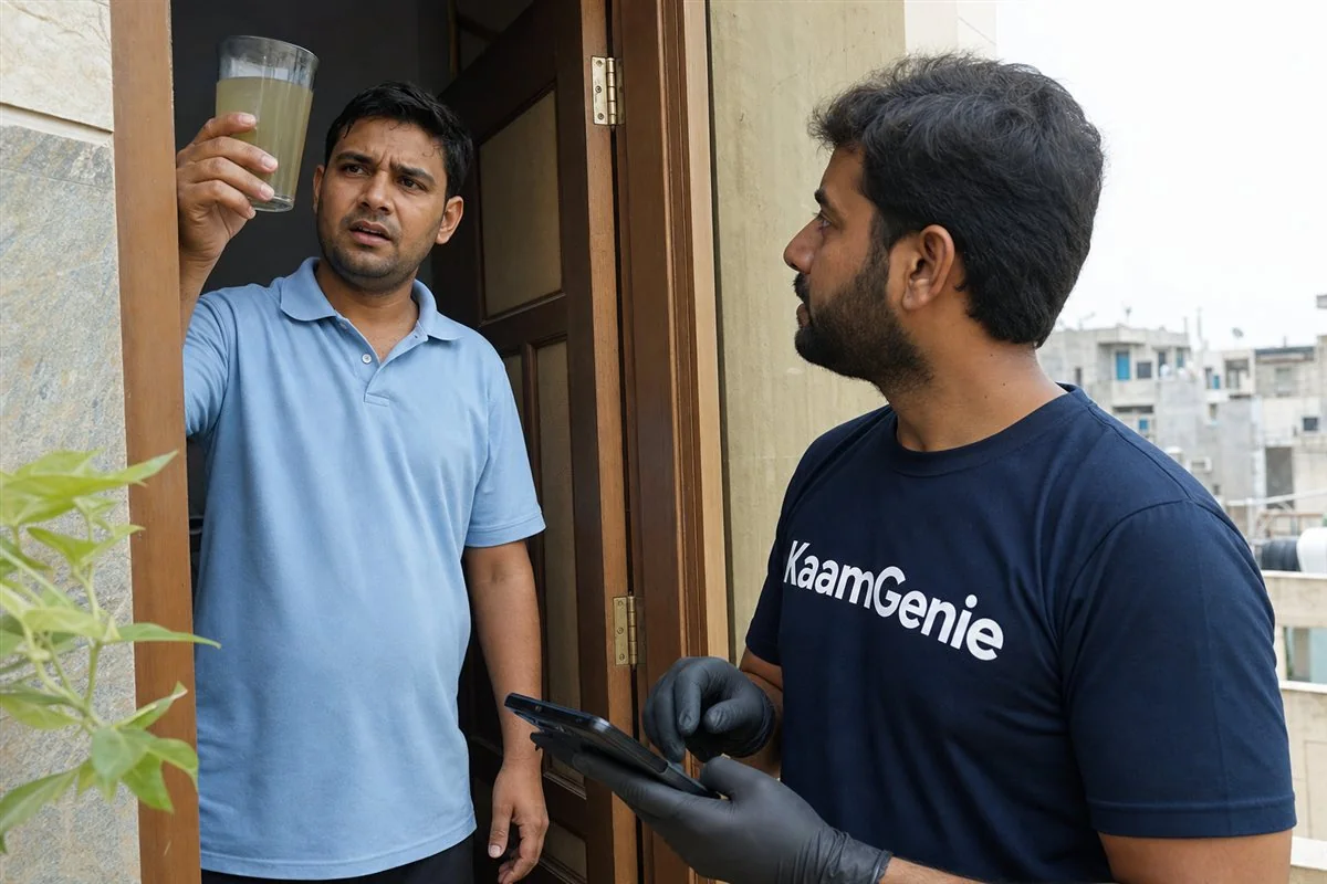 KaamGenie crew unloading the cleaning kit outside a Delhi apartment in the early afternoon for a same-day water tank cleaning