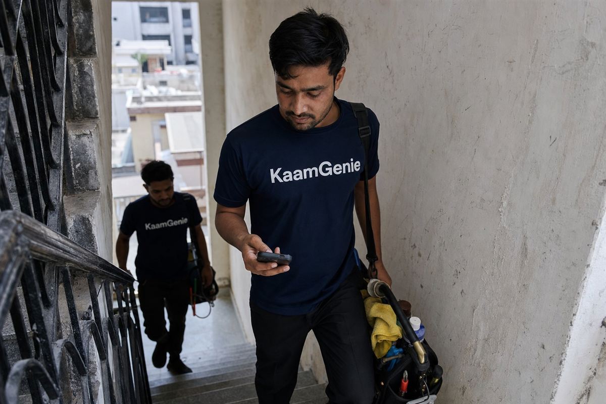 KaamGenie technician checking the route on a phone before heading to a same-day water tank cleaning across Delhi NCR