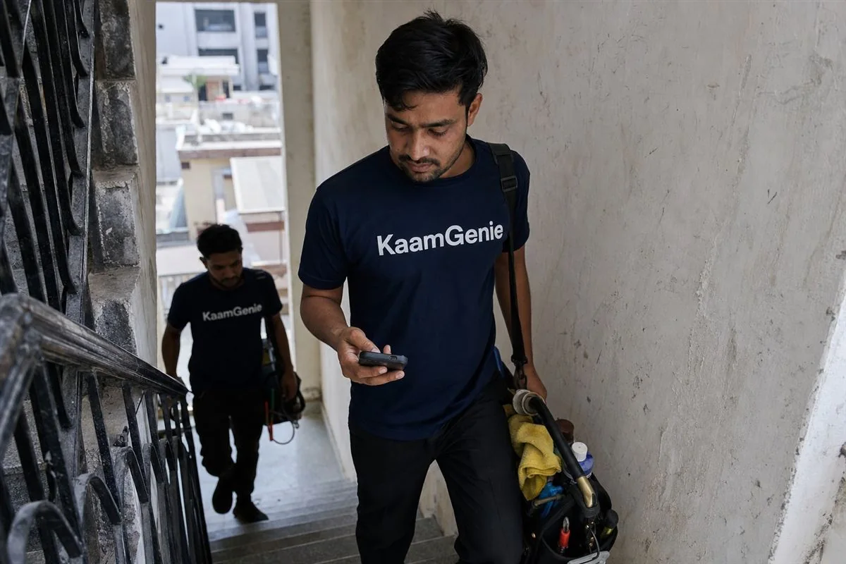 KaamGenie technician checking the route on a phone before heading to a same-day water tank cleaning across Delhi NCR