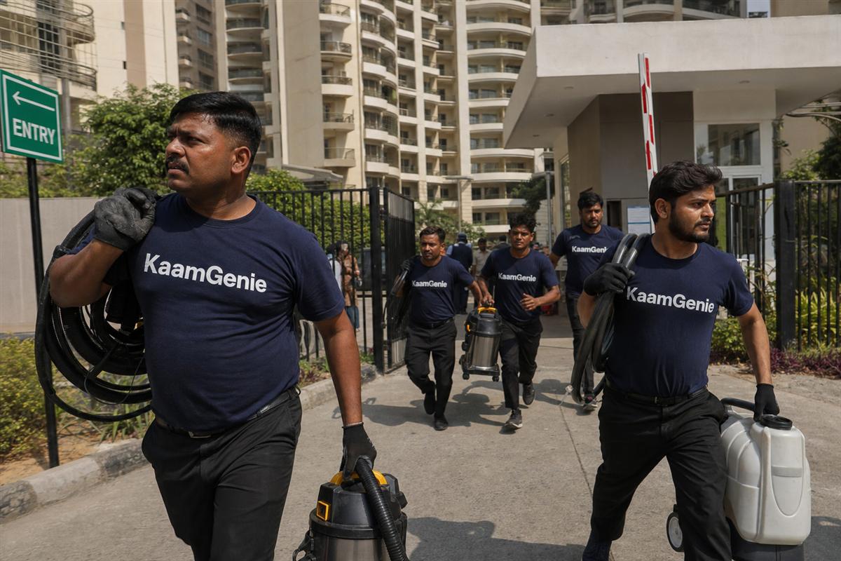 KaamGenie crew arriving for an emergency water tank cleaning at a Gurgaon condominium, equipment in hand on the rooftop