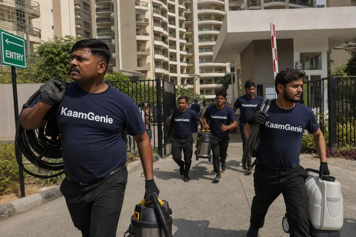 KaamGenie crew arriving for an emergency water tank cleaning at a Gurgaon condominium, equipment in hand on the rooftop