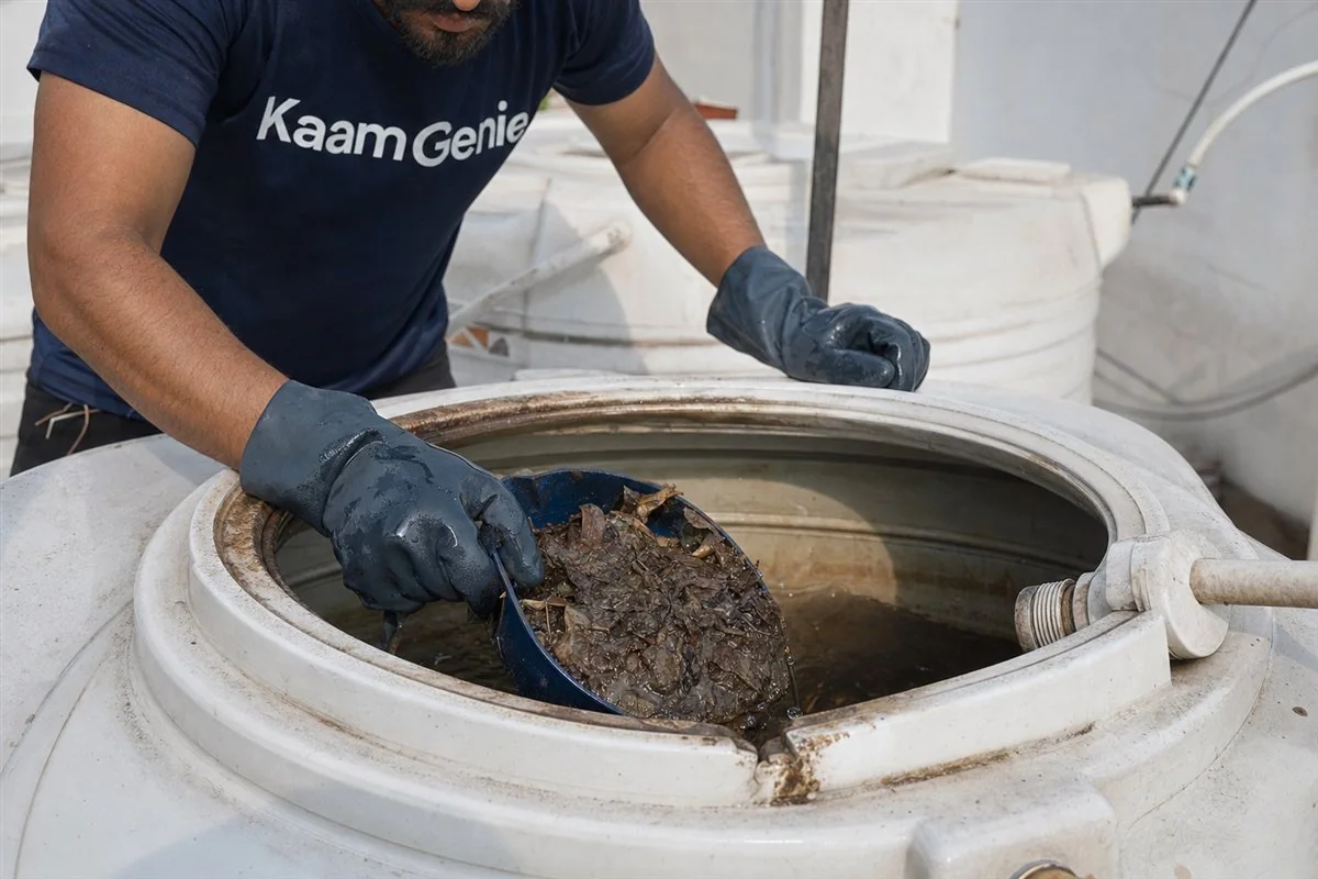 KaamGenie crew cleaning a large underground reservoir (UGR) in the basement of a Gurgaon condominium tower, with pump and lighting set up