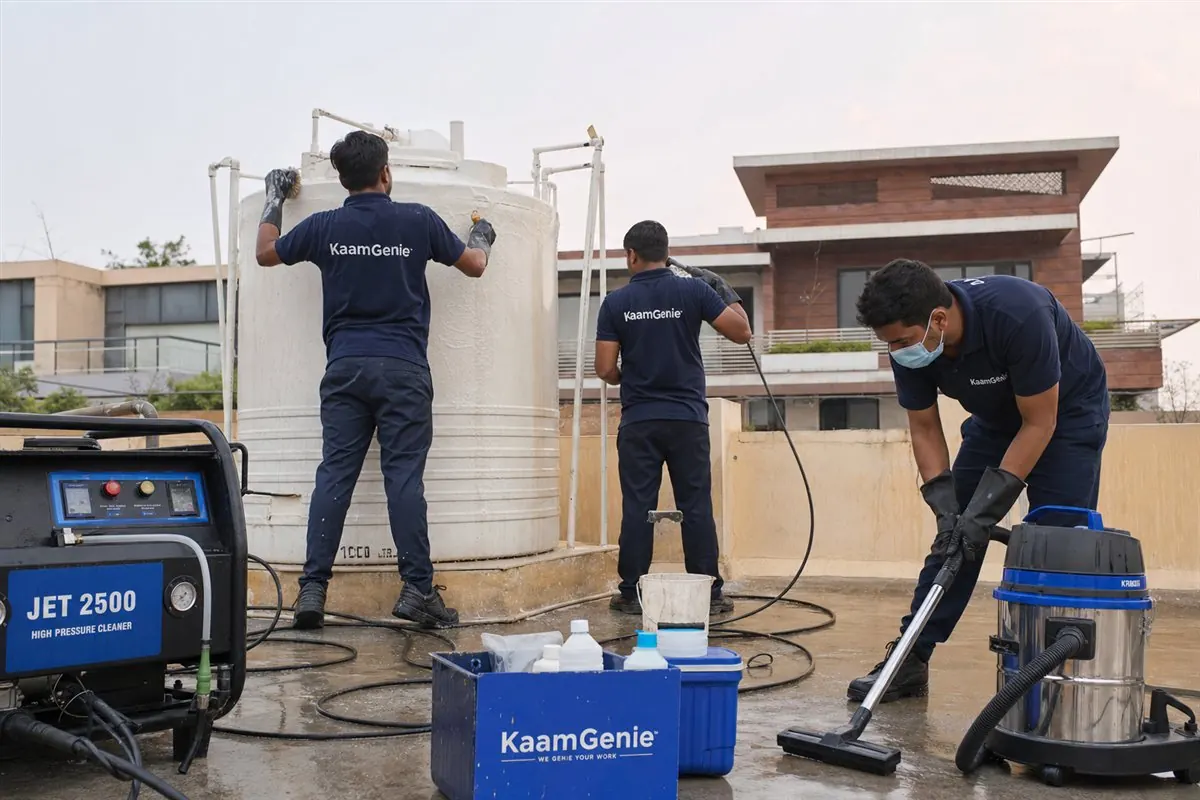 KaamGenie crew arriving fast to clean a contaminated overhead water tank on a Delhi rooftop for a same-day emergency booking