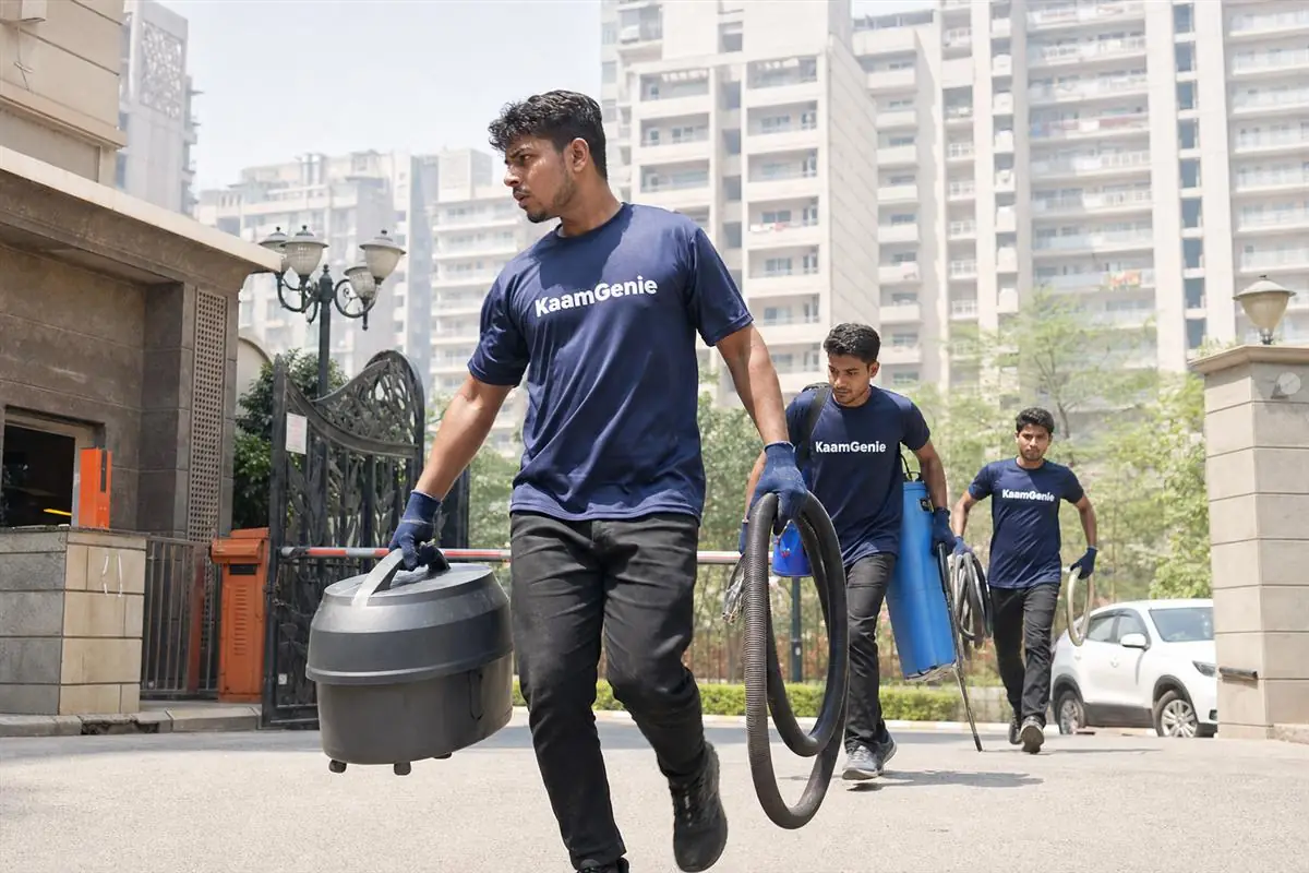 KaamGenie crew arriving for a same-day emergency water tank cleaning on a Noida high-rise rooftop