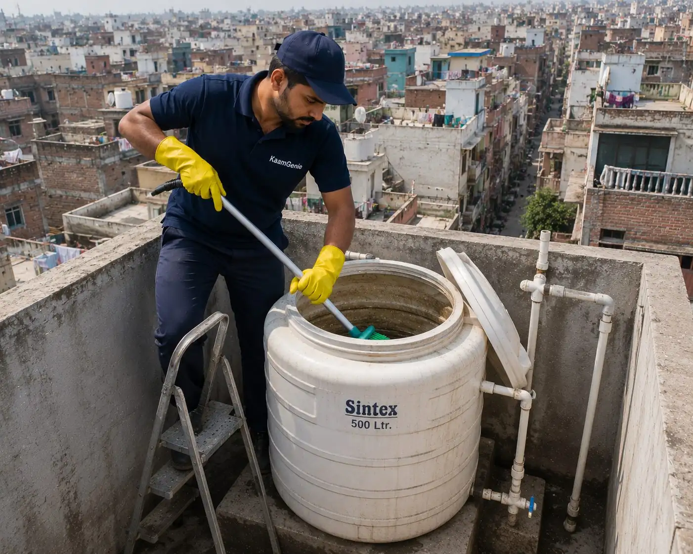 KaamGenie crew cleaning a 750-litre plastic overhead water tank on a Sangam Vihar plot house rooftop in South Delhi