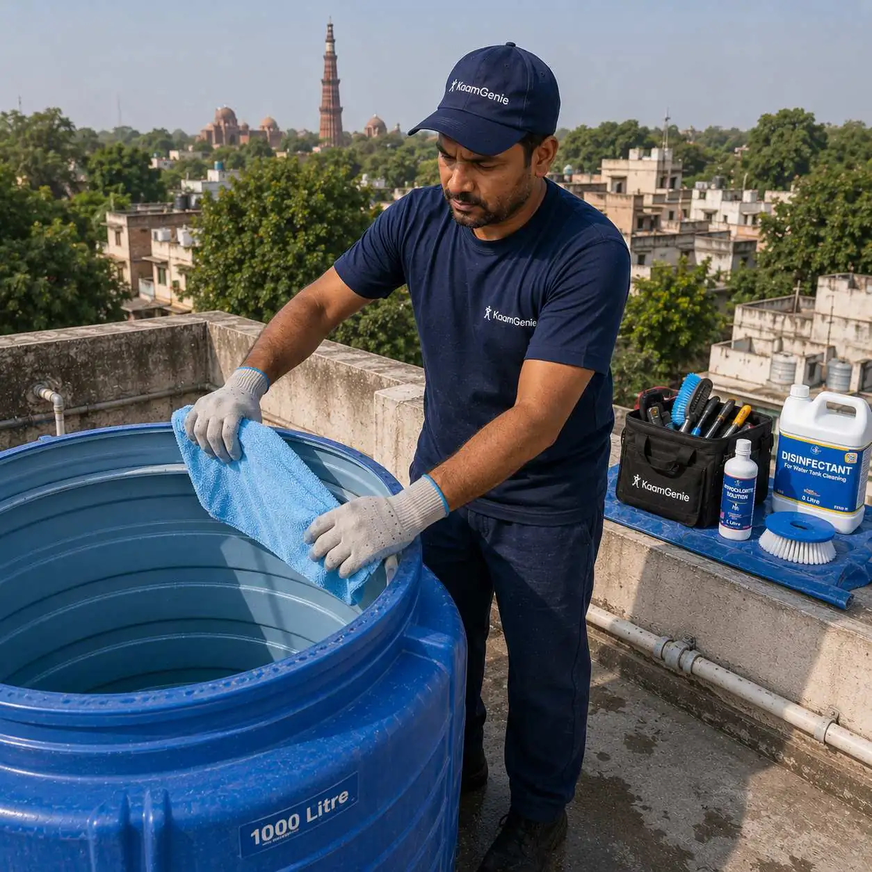 KaamGenie crew cleaning an overhead water tank on a Sant Nagar rooftop in South Delhi