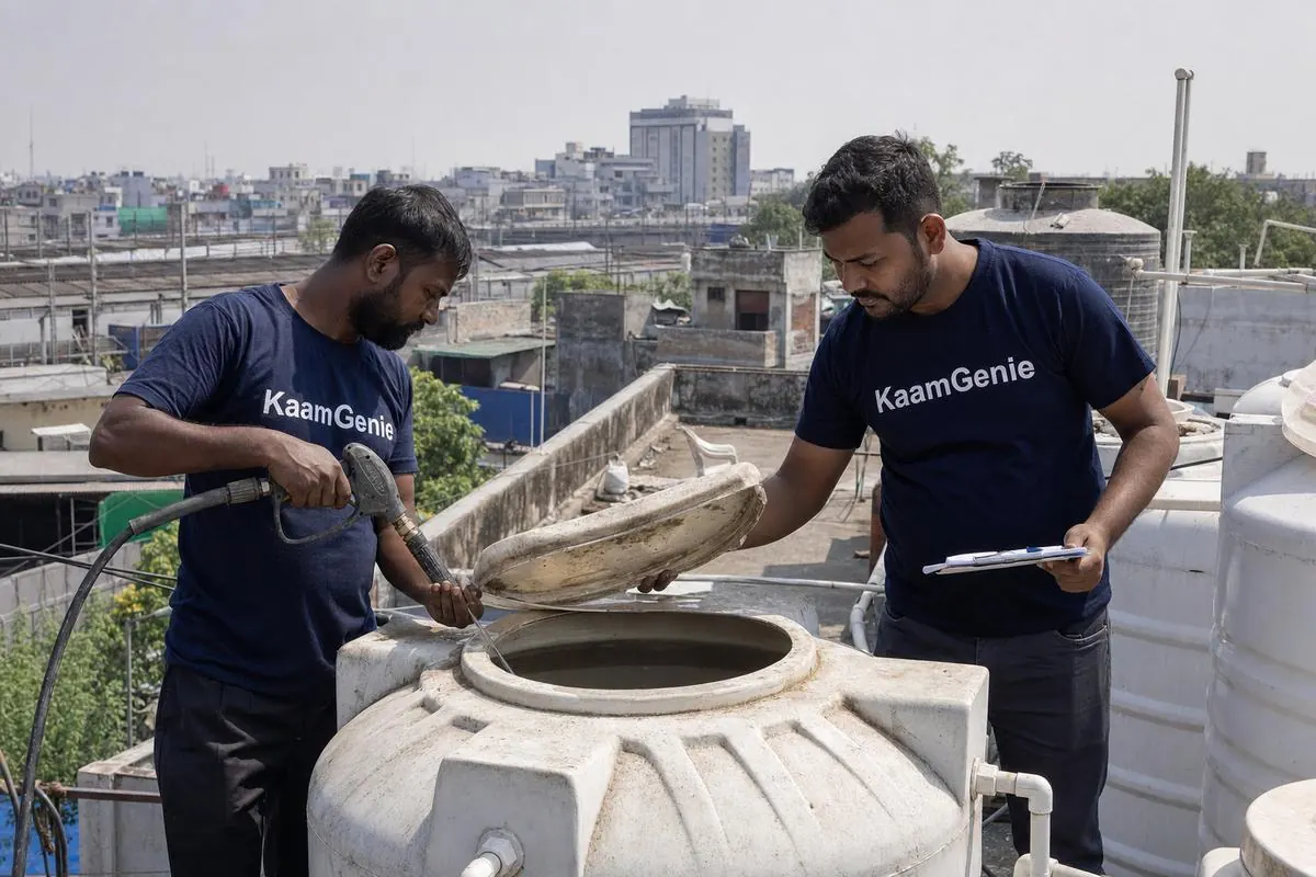 KaamGenie crew cleaning a water tank in Sarai Rohilla, North Delhi