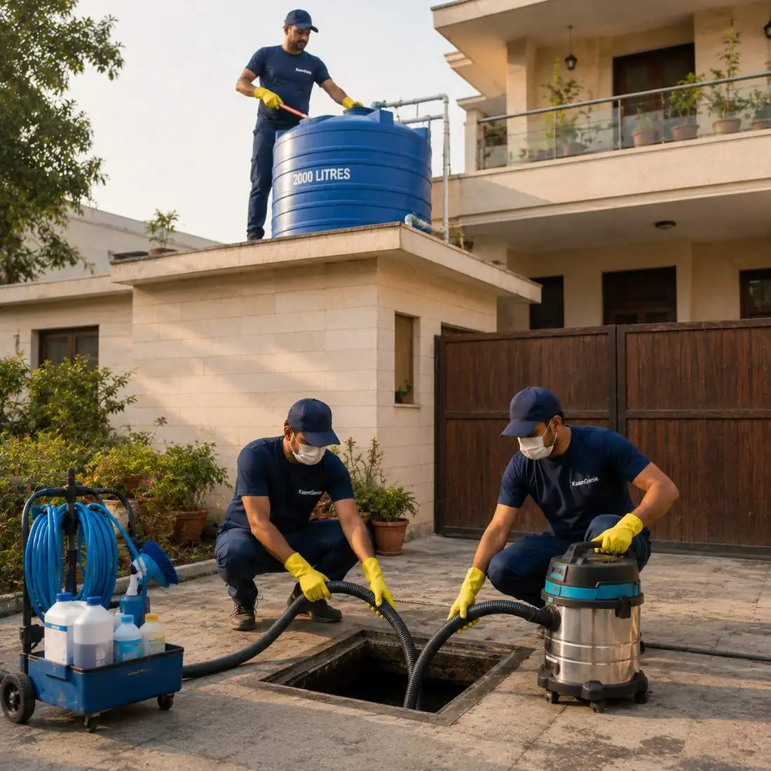 KaamGenie crew cleaning a water tank in Saraswati Vihar, West Delhi