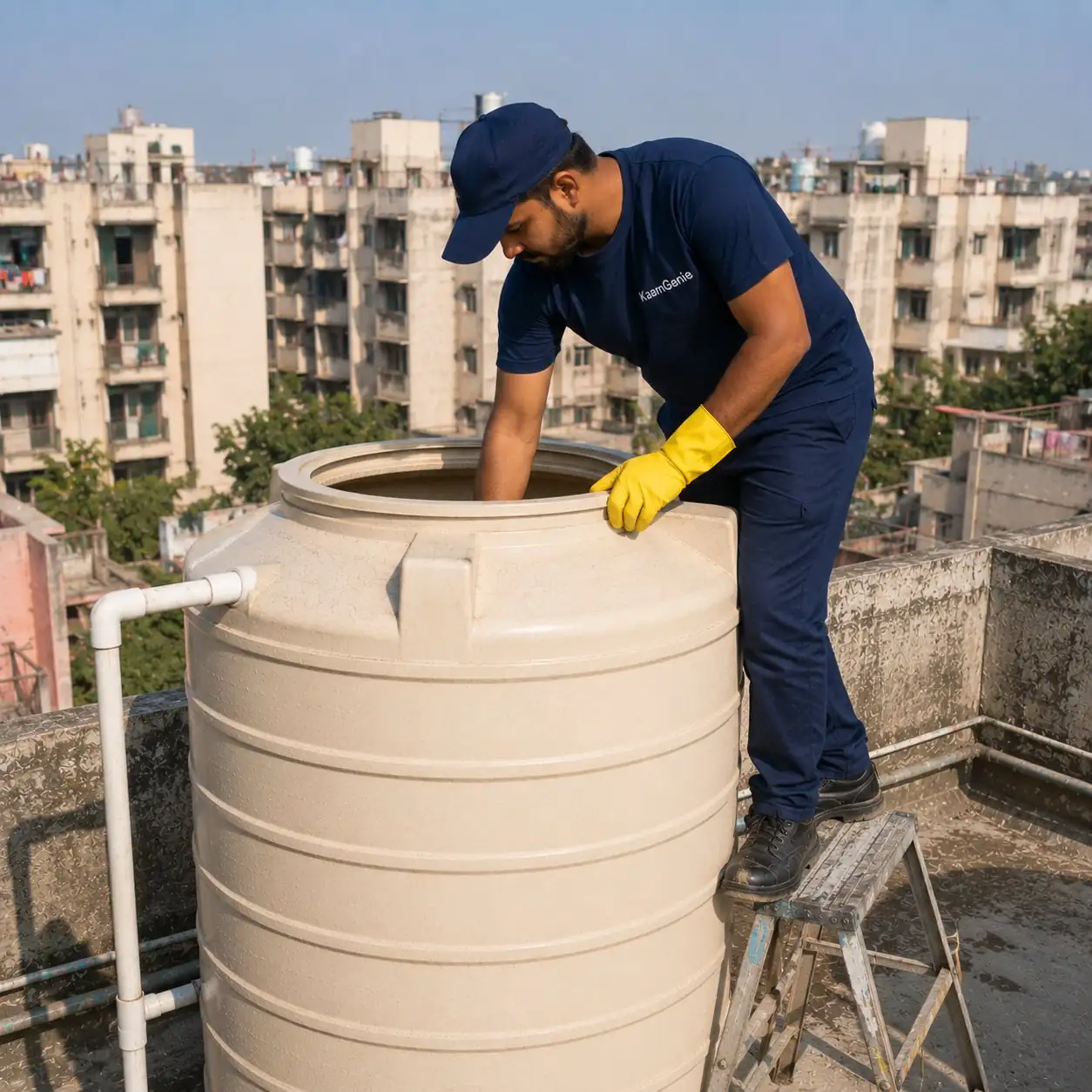KaamGenie crew cleaning a large overhead water tank on a Sarita Vihar DDA building rooftop in South Delhi
